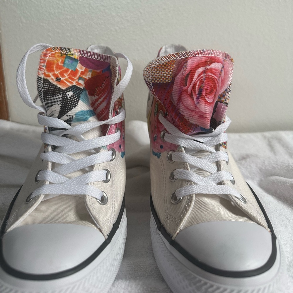 New Converse White and Pink Floral Sneakers/ Wedge
